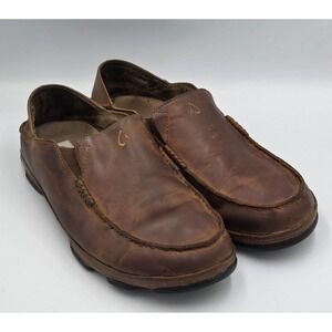 Olukai Mens US Size 9.5 Moloa Brown Leather Slip On Casual Loafer Shoes